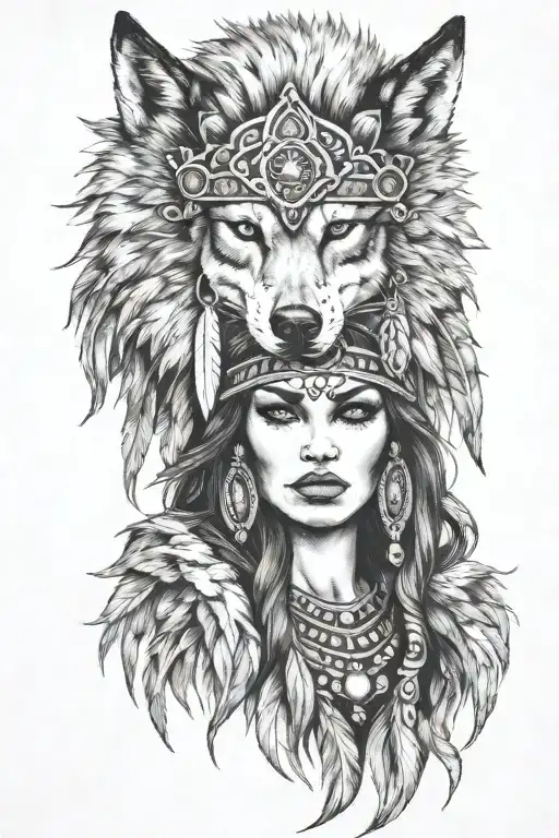 women with a wolf headdress tattoo design idea