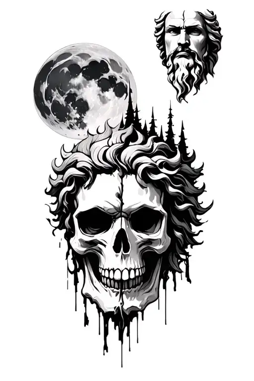 dark forest with moonlit sky. Zeus face top right corner. half skull as floor of forest.  tattoo design idea