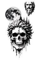 dark forest with moonlit sky. Zeus face top right corner. half skull as floor of forest.  tattoo design idea