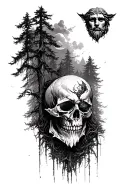 dark forest with moonlit sky. Zeus face top right corner. half skull as floor of forest.  tattoo design idea
