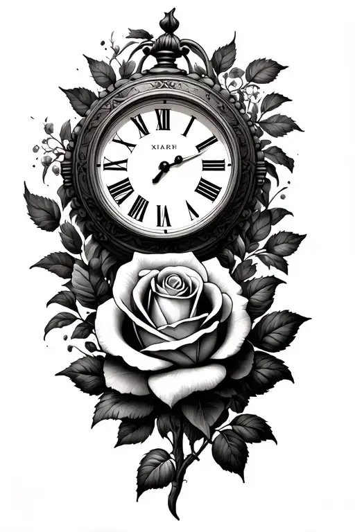 roman numerals, rose, lines, clock out of time tattoo design idea