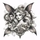 A romantic and enchanting tattoo of a fantasy creature surrounded by Disney princesses, with a dark twist tattoo design idea