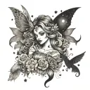 A romantic and enchanting tattoo of a fantasy creature surrounded by Disney princesses, with a dark twist tattoo design idea