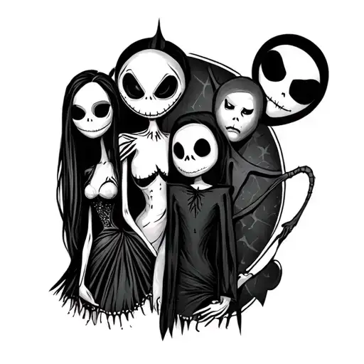 Can you sketch up a patchwork design tattoo which includes jack , sally and oogie boogie from nightmare before christmas tattoo design idea