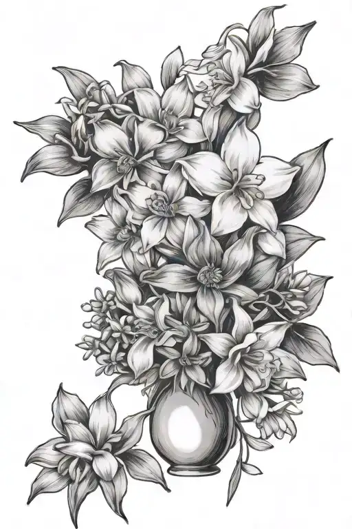 daisies and daffodils bouquet with cherry blossoms, snow drops, violets, greenery tattoo design idea