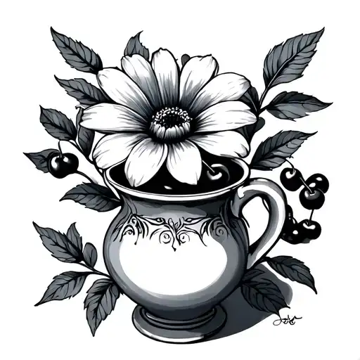 flower, Tim Burton, vase, coffee cherry tattoo design idea