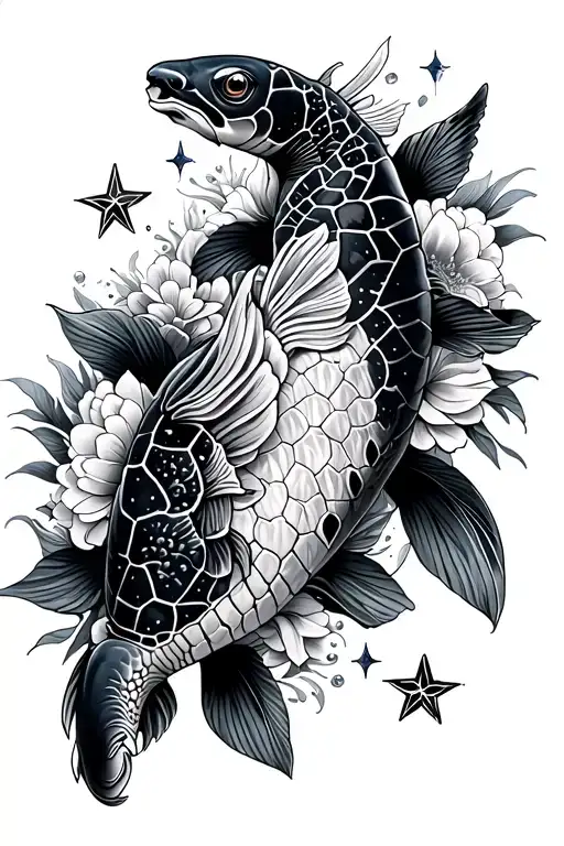full leg sleeve with seperate sea turtle and then 2 koi fish in between have flowers and stars like glitter tattoo design idea