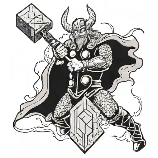 Thor with lightning and mjolnir hammer tattoo design idea