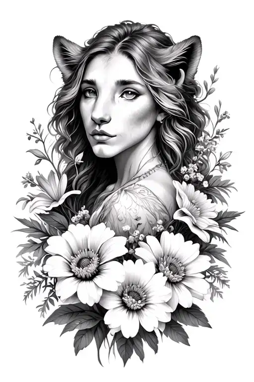 leo and Virgo signs combined with a bouquet of asters, delphinium, water lilies and morning glories, focus on leo tattoo design idea