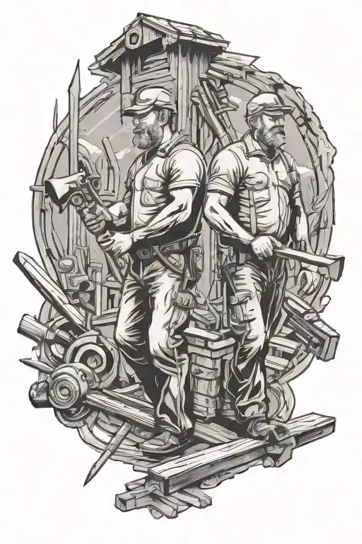 father and son walking with carpentry tools background tattoo design idea