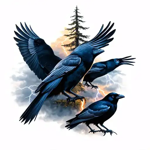4 crows with trees and cloudy lightning storm  tattoo design idea