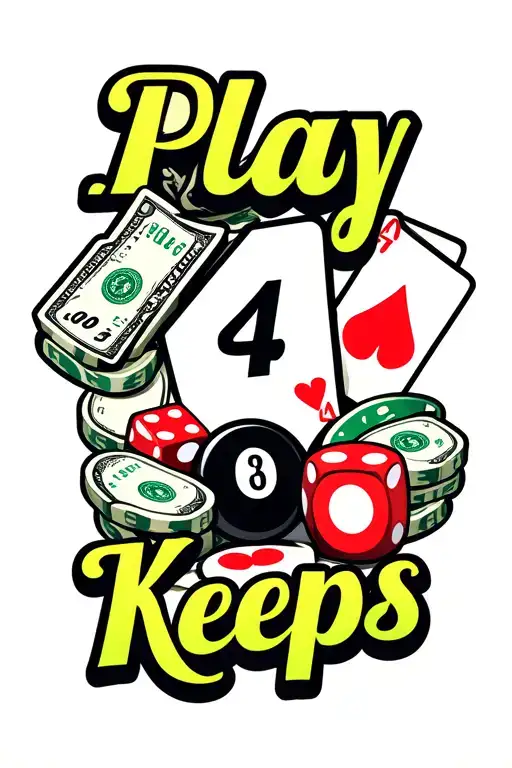"Play 4 Keeps" Money, Dice, Cards and 8 ball, Casino arm theme and gambling tattoo design idea