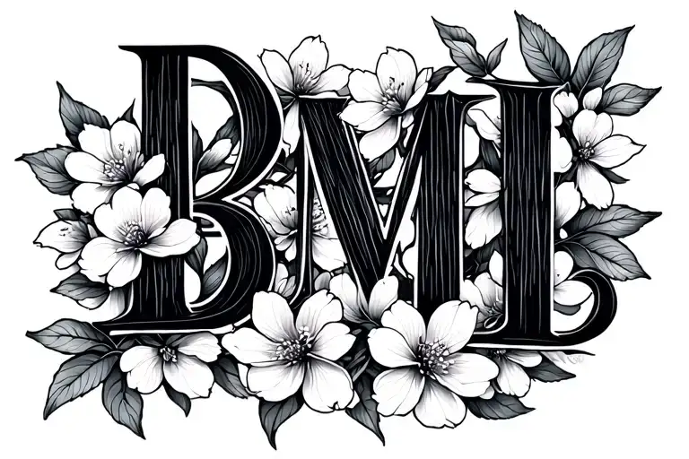Cherry Blossom Fine Line with letters BMD intertwined tattoo design idea