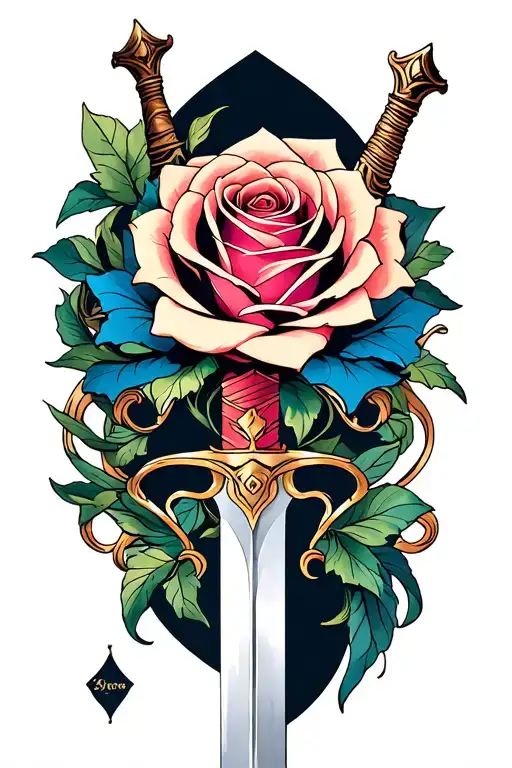 A beautiful and intricate design of the Beauty and the Beast enchanted rose intertwined with the Mulan family sword tattoo design idea