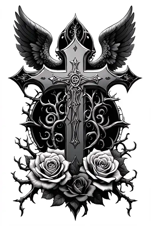 metal gothic cross with angel wings and vines with thorns wrapping. with roses tattoo design idea