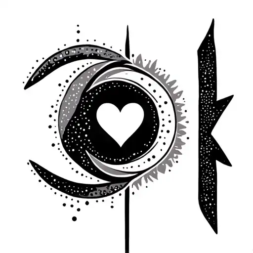 Minimalist vertical tattoo with crescent moon and dotted halo, infinity heart symbol, and downward arrow ending in peaco tattoo design idea