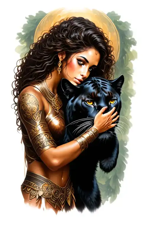a female warrior with long brown curly hair and brown skin petting a black panther like it is her spirit guide tattoo design idea
