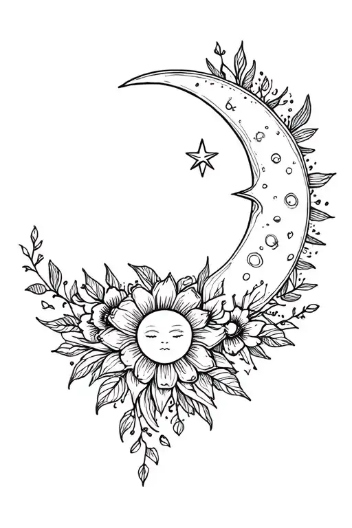 fine line tattoo sun, moon, star and floral  tattoo design idea