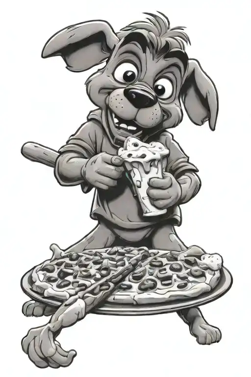 Scooby Doo eating a tub of ice cream and Gizmo (from gremlins) eating a slice of pizza together, with the art being trad tattoo design idea
