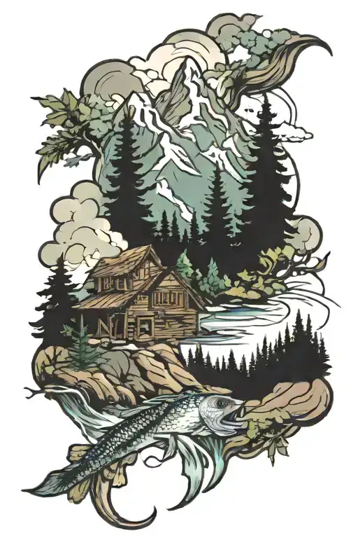 mountain and pine trees and fishing  tattoo design idea