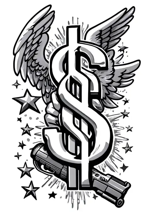 Dollar sign, stars, angel holding a gun, japanese background tattoo design idea