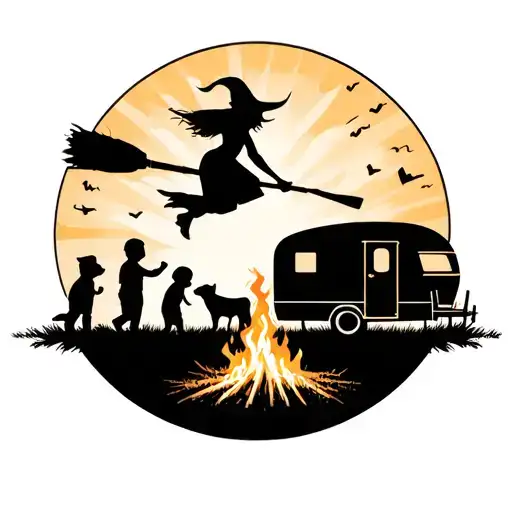 "IV V MMXIV" silhouette of sexy witch flying on broomstick over a campsite with a trailer and campfire with 3 boy children & 2 dogs  tattoo design idea