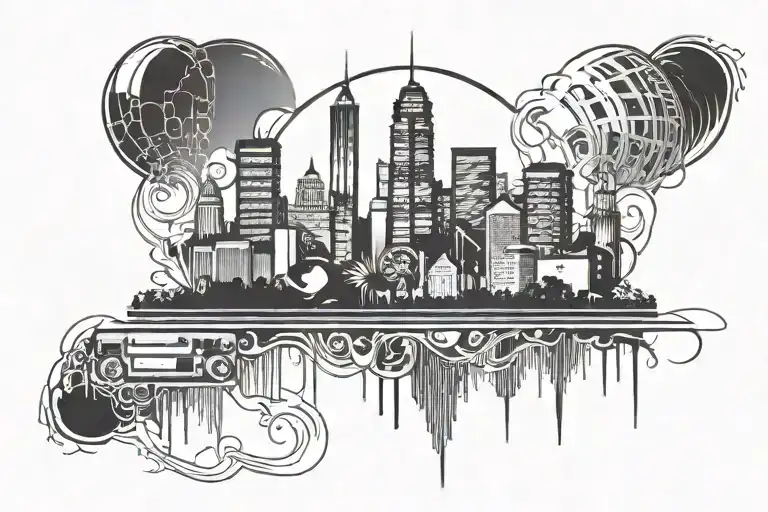 A tattoo design of a city skyline at night, with famous rapper silhouettes performing on each building, blending your love for music and urban landscapes tattoo design idea