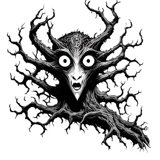 eldritch tree spriggan with eyes all around him tattoo design idea