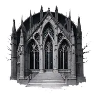 massive gothic cathedral with a dark stained glass window  tattoo design idea
