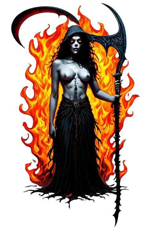 naked woman white eyes holding reaper scythe, flame background tattoo design idea