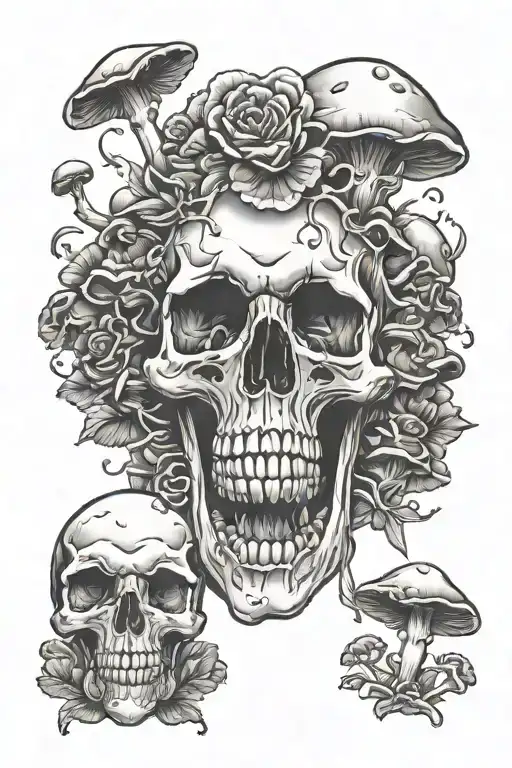 skull covered in mushrooms tattoo design idea