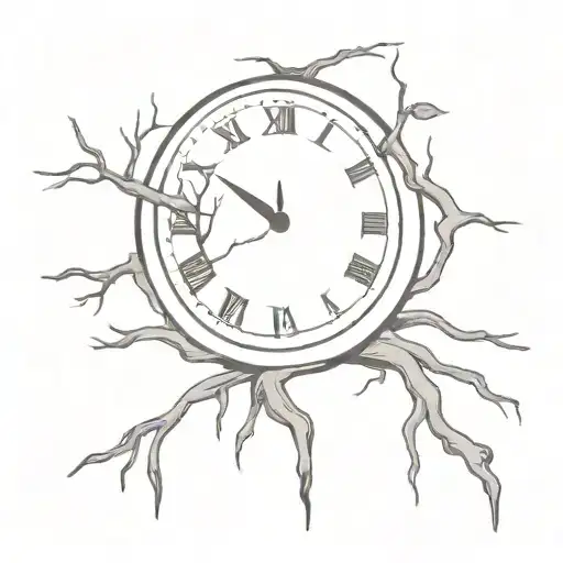 broken clock with roots  growin out of it  tattoo design idea