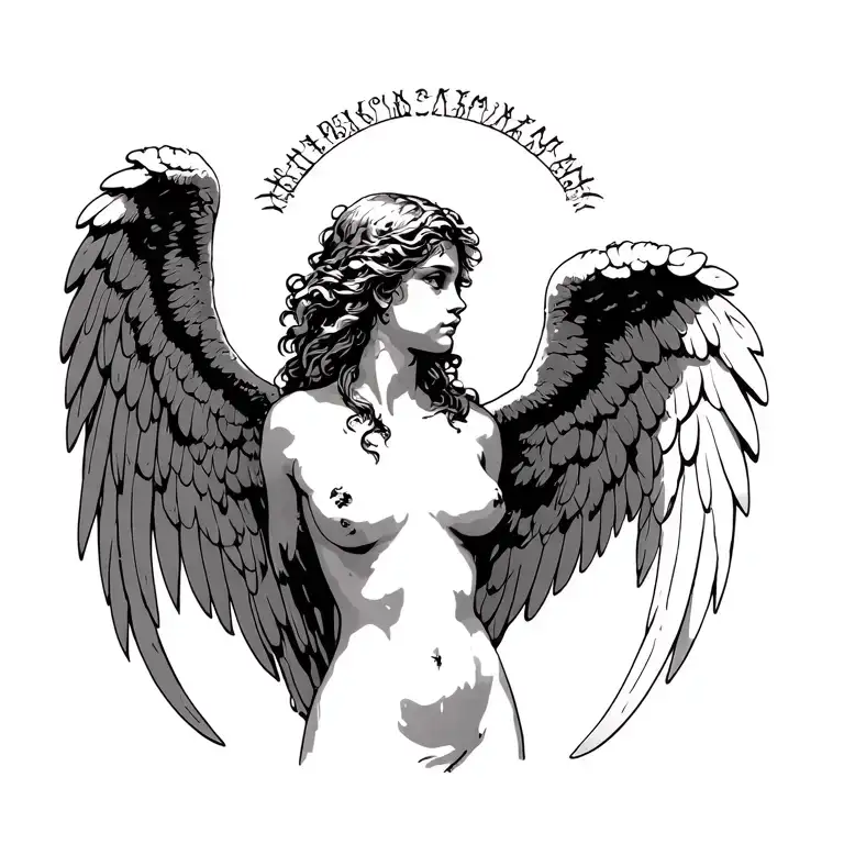 Naked girl Angel with spread wings tattoo design idea