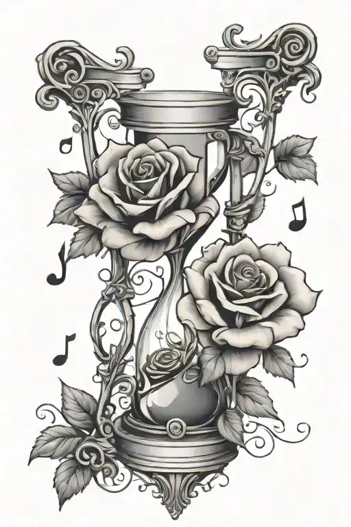 hourglass rose music notes floating life and death tattoo design idea
