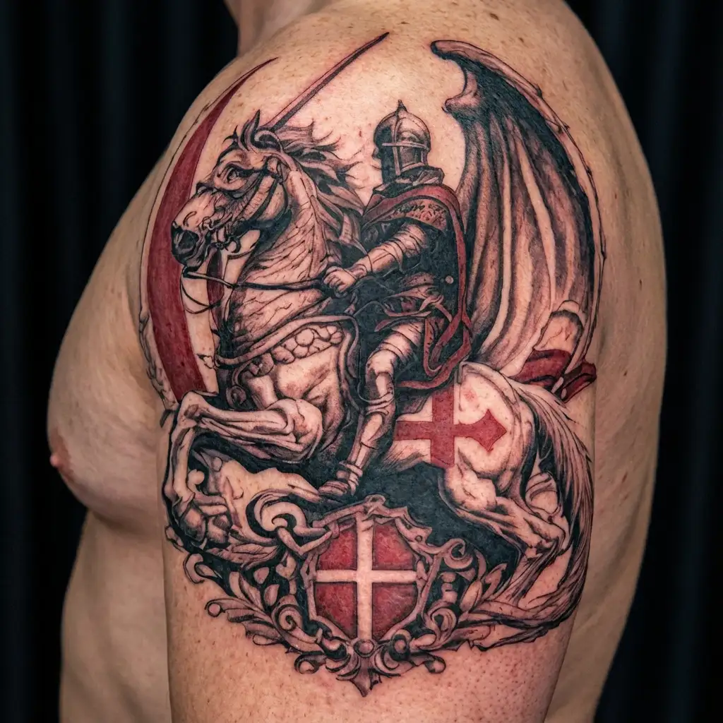 St George slaying dragon with a sword . England flag Incorporated into design  tattoo design idea