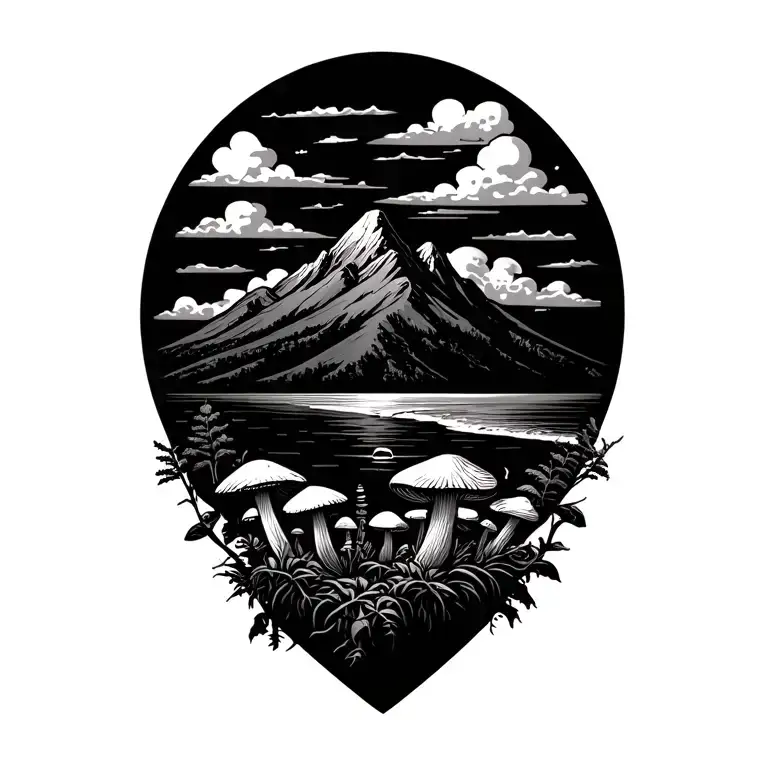 mountain, sequoia, morel mushrooms, beach, sunset, clouds, tattoo design idea