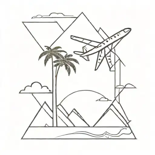 A minimalist palm tree silhouette with a geometric airplane flying above, representing the client's passion for travel and the beach tattoo design idea