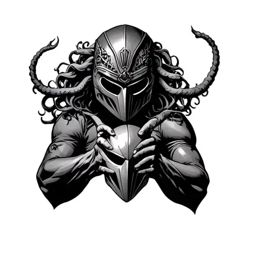 Medusa holding mask of mf doom marine holding imp tattoo design idea