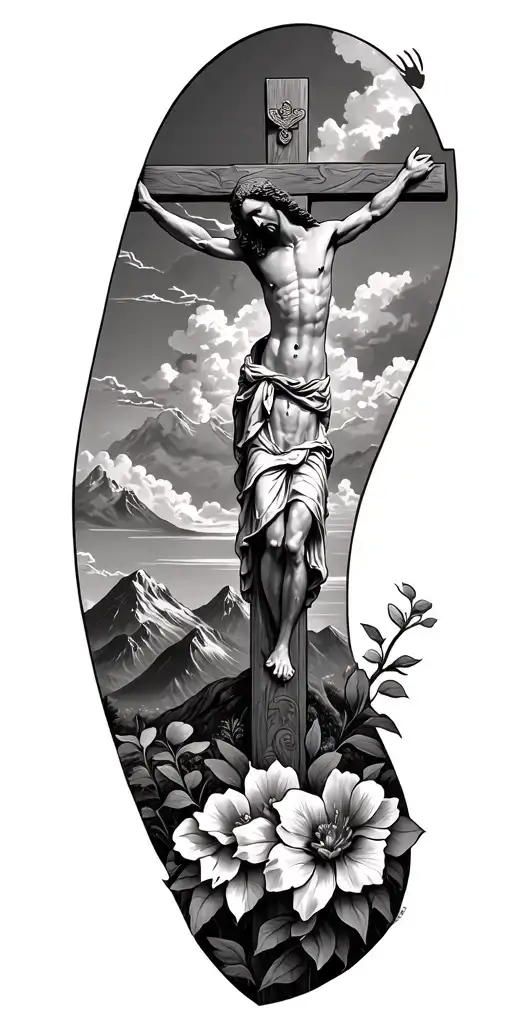 Mountains, Jesus Christ's death on the cross, Jesus Christ's resurrection, flowers, Trees, clouds tattoo design idea