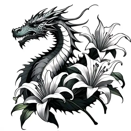 Create me a tattoo stencil with a western style elemental ice dragon wrapped around 3-4 botanical realistic lily’s with  tattoo design idea
