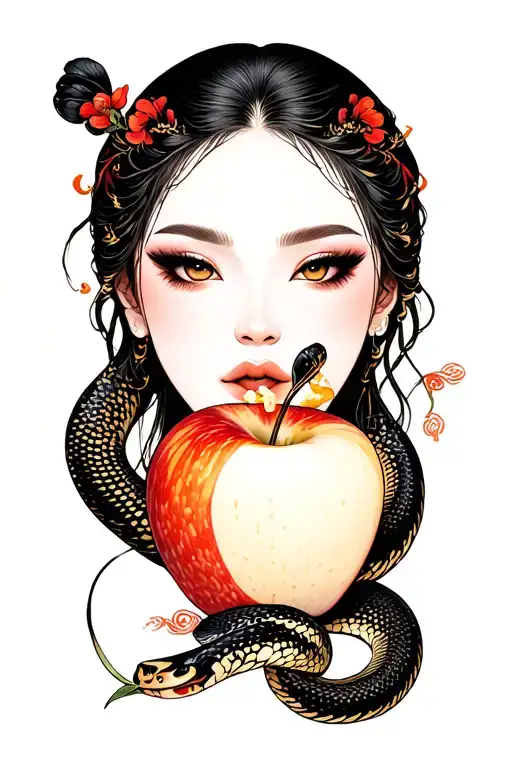 eve eating the apple and snake coiled tattoo design idea