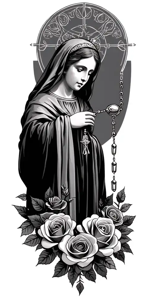 Saint Matilda with rosary and roses surrounded tattoo design idea