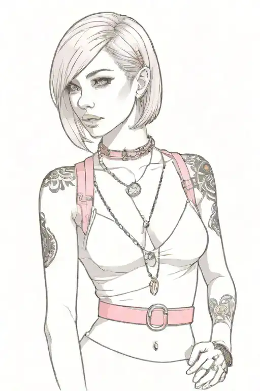 Sissy Slave Pink Leather Collar With Chain Leash Short Dark Brown Hair Blue Eyes Flat Chest Tattoo  in bra and skirt tattoo design idea