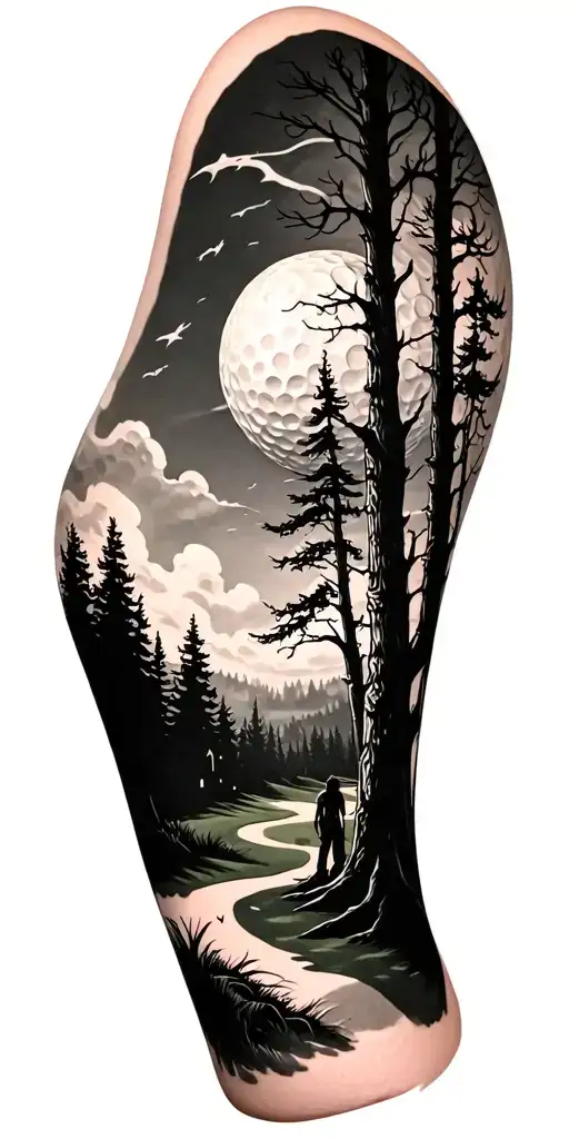 creepy forest scene with black sky golf course golf ball tattoo design idea