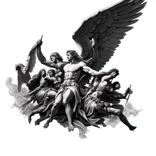 sleeve with archangel michael and warrior angels fighting demons over my soul tattoo design idea