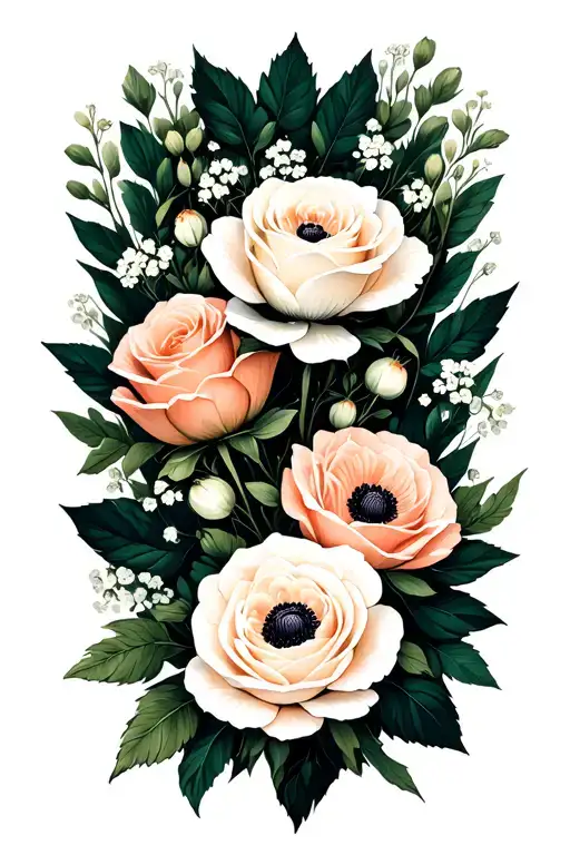 floral arrangement of a white rose, dusty peach rose, baby’s breath, and white anemone surrounded by greenery tattoo design idea