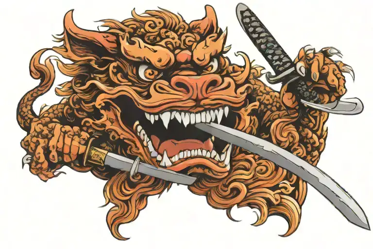 foo dog smile katana sword tattoo design idea