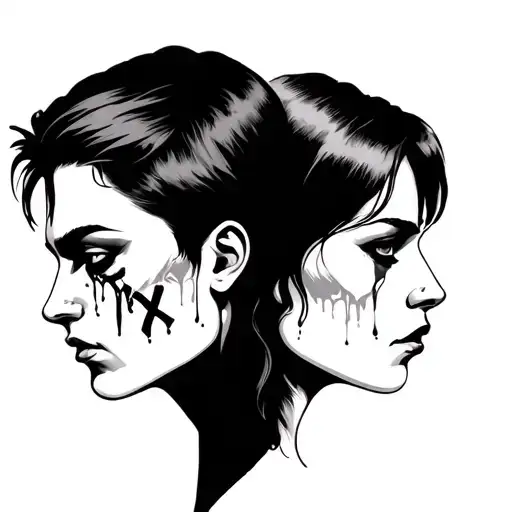 "Cry for me" "Cry for me" Two faces in profile, facing each other. The man’s tears form “XO,”  the woman has a cold expression tattoo design idea