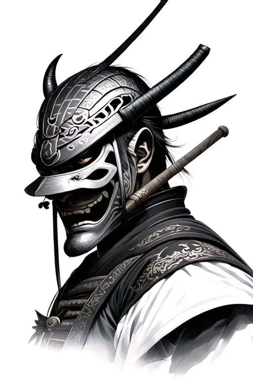 photo realistic ronin samurai with an oni mask with head bowed tattoo design idea