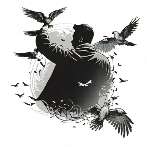a father and child silhouette with the father partially dissolving into birds flying away. To honor your father, you wan tattoo design idea
